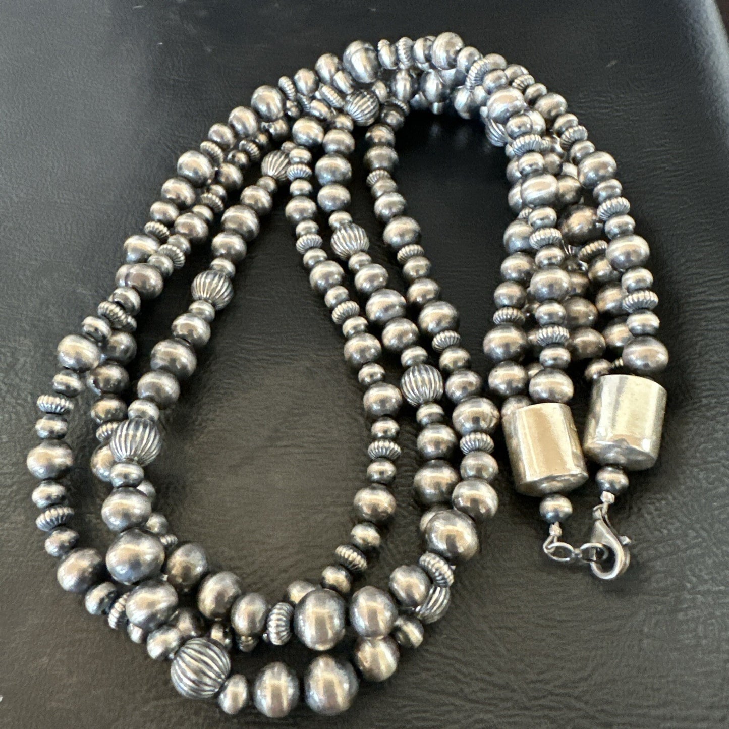 Mixed Bead Sterling Silver Navajo Pearls Necklace 22” 3 Strand 94422