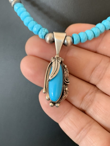 Blue Faceted Turquoise Sterling Silver Necklace Sleeping Beauty Pendant 00564