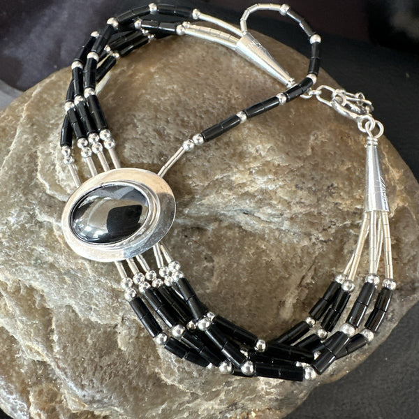 Black Onyx Heishi 5S Pin Southwestern Liquid Bracelet 8" | Sterling Silver | Authentic Native American Handmade | 17751