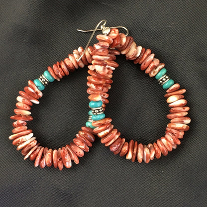 Turquoise & Spiny Oyster Navajo Sterling Silver Earrings 2.25" 01967