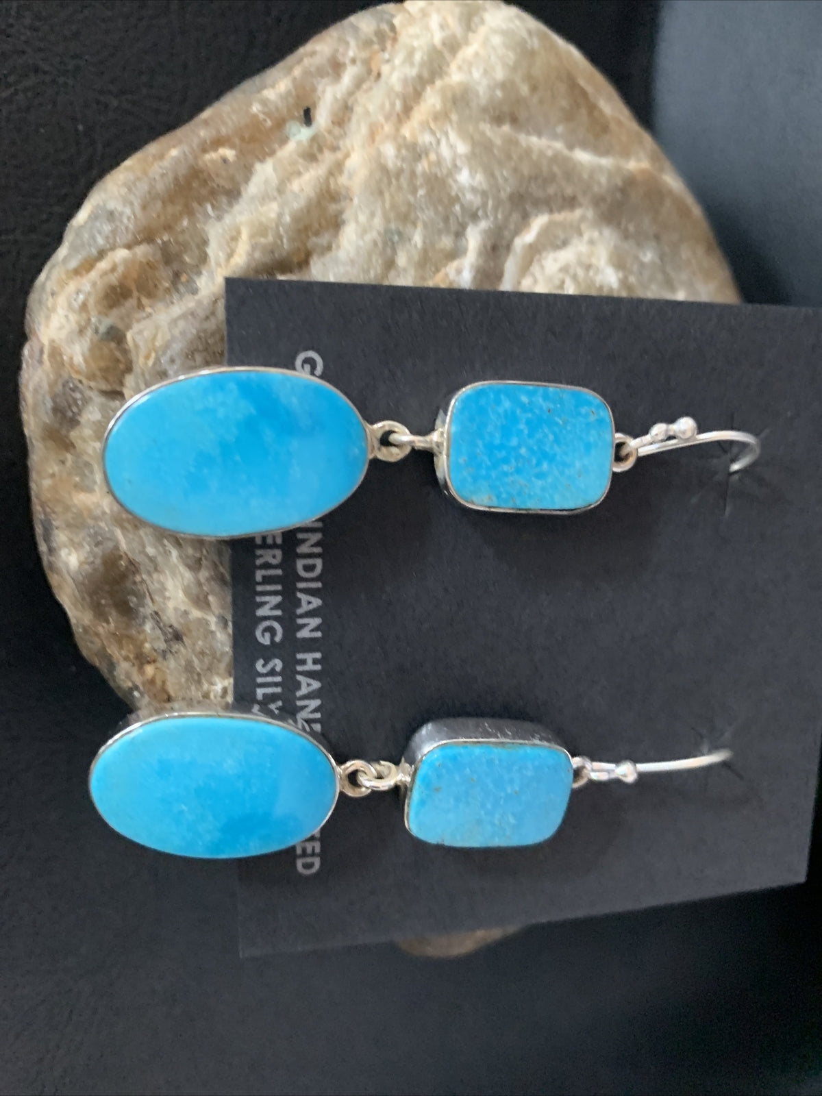 Blue Kingman Turquoise Navajo Sterling Silver Dangle Earrings 14079