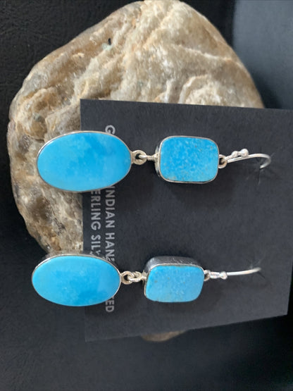 Blue Kingman Turquoise Navajo Sterling Silver Dangle Earrings 14079