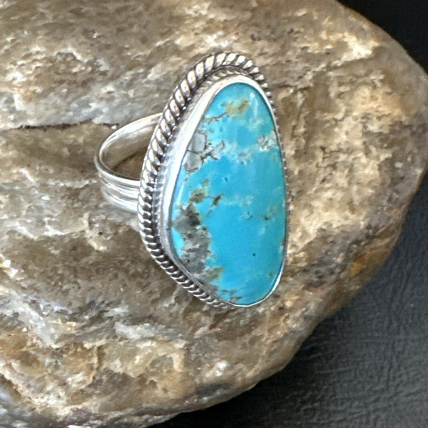 Blue Turquoise #8 Navajo Ring Size 9 | Sterling Silver | Authentic Native American Handmade | 18829