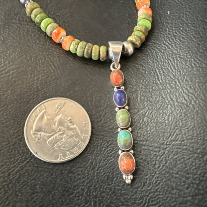 Feather Multicolor Turquoise Pendant Navajo Sterling Silver Necklace 18733