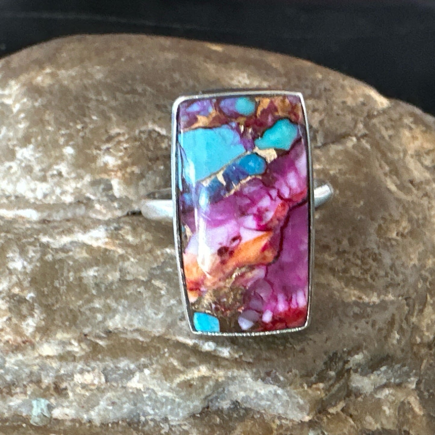 Blue Turquoise Spiny Oyster Southwestern Sterling Silver Ring Size 11 18453