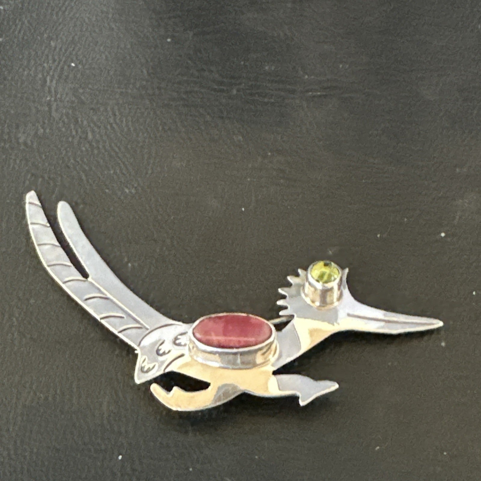 Road Runner Spiny Peridot Navajo Sterling Silver Stamped Pin Brooch 3” 19089