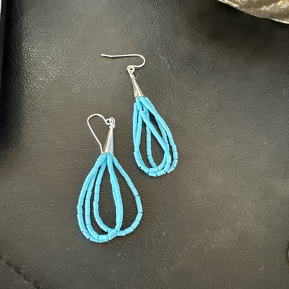 Blue Turquoise 3 Strand Sterling Silver Heishi Dangle 2” Earrings 18196