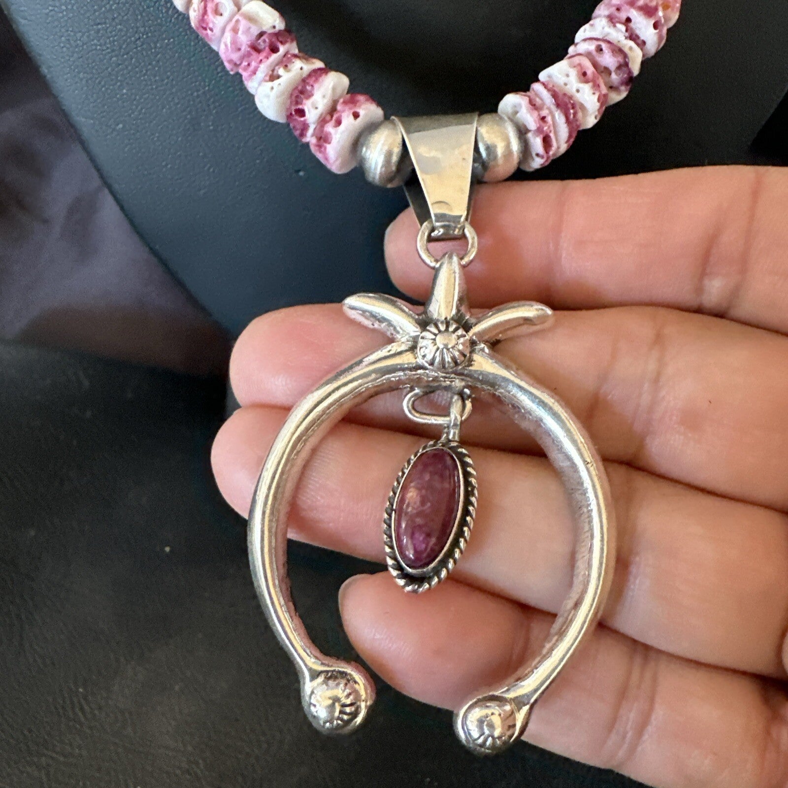 Purple Spiny Oyster Naja Pendant Turquoise Navajo Sterling Silver Necklace 17871