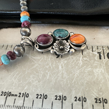Multicolor Turquoise Spiny Navajo Sterling Silver Cluster Pendant Necklace 19642