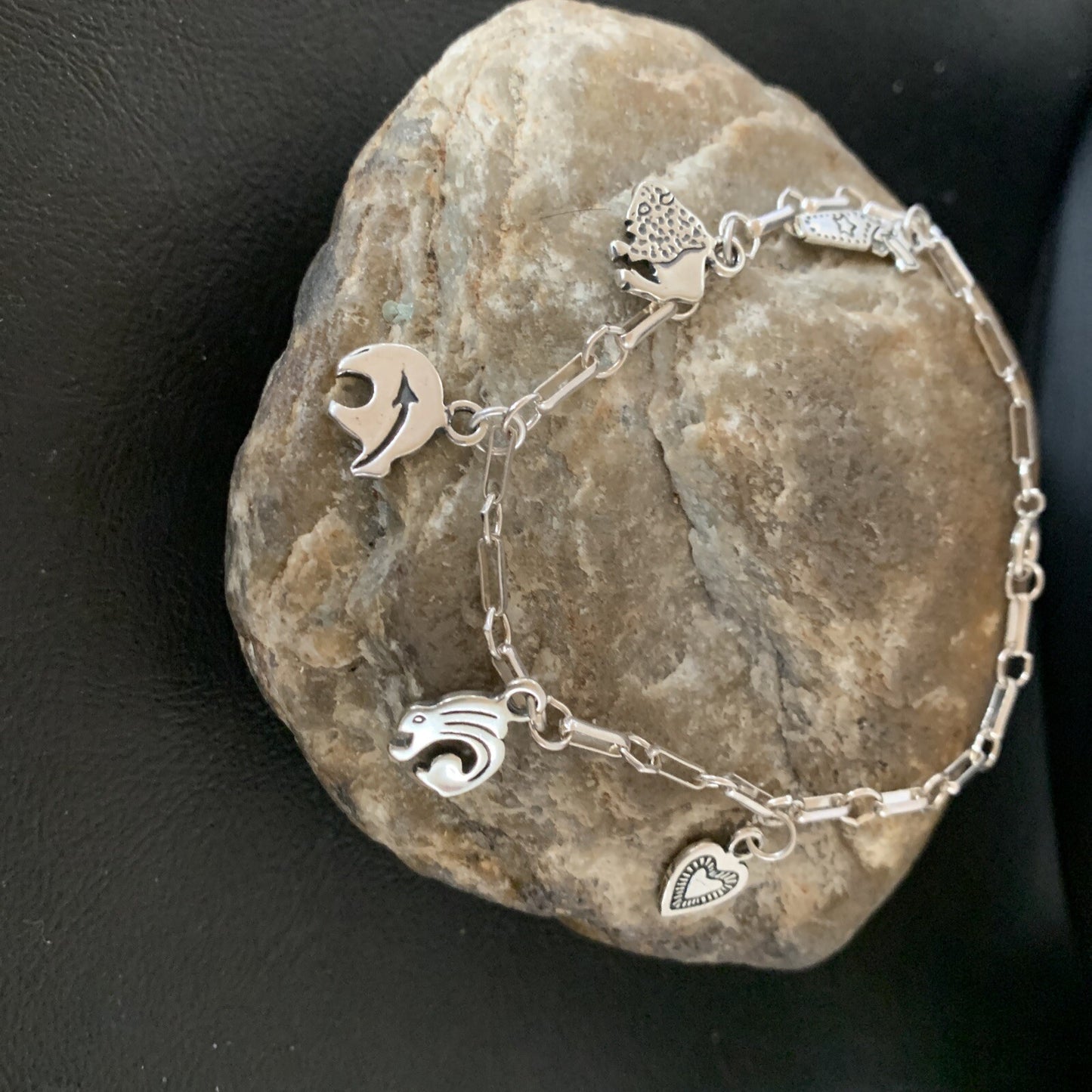 Kokopelli Different Charms Navajo Sterling Silver Link Bracelet 7.5" 1464