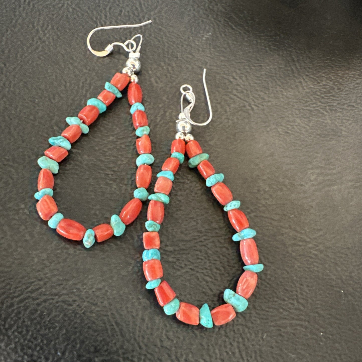 Blue Turquoise Coral Navajo Sterling Silver Earrings 2” 18835