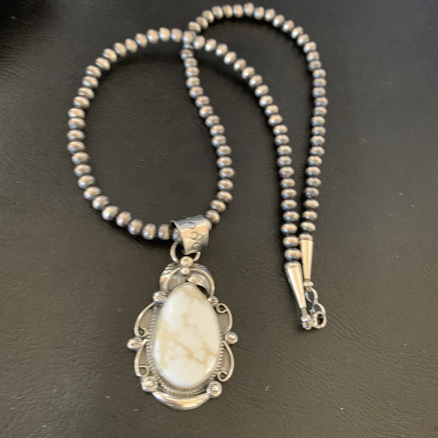Men White Buffalo Turquoise Pendant Sterling Silver Beads Necklace 12665N