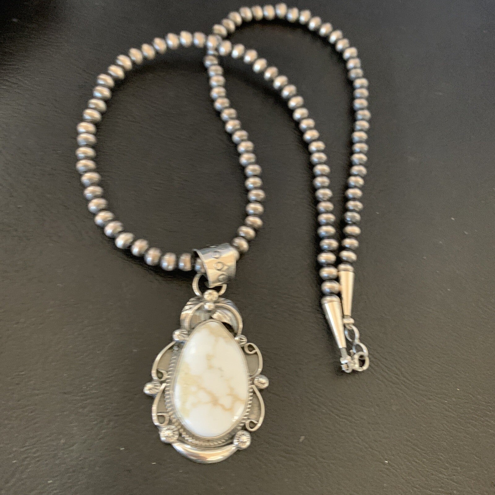 Men White Buffalo Turquoise Pendant Sterling Silver Beads Necklace 12665N