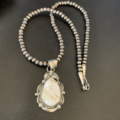 Men White Buffalo Turquoise Pendant Sterling Silver Beads Necklace 12665N