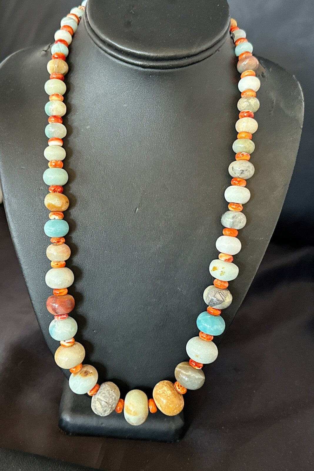 Blue Amazonite Orange Spiny Navajo Sterling Silver Bead Necklace 23” 17831