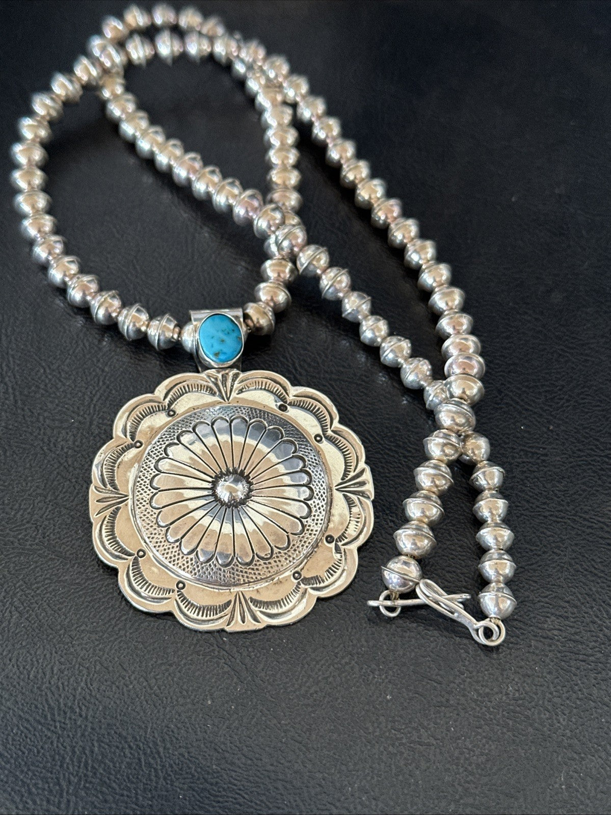 H Joe Navajo Sterling Silver Pendant Blue Kingman Turquoise Necklace 25”19443