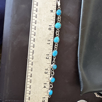Blue Kingman Turquoise Navajo Sterling Silver Link Bracelet 7” 18299