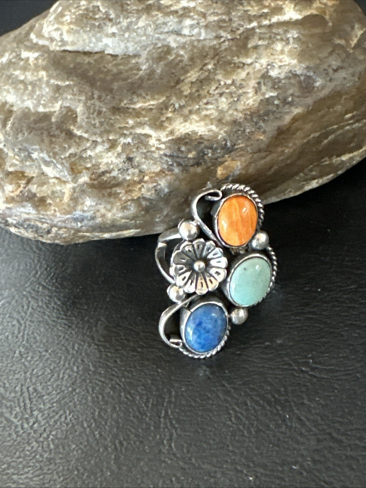 Multicolor Ring Turquoise Spiny Navajo Sterling Silver Cluster Size 8.5 19189