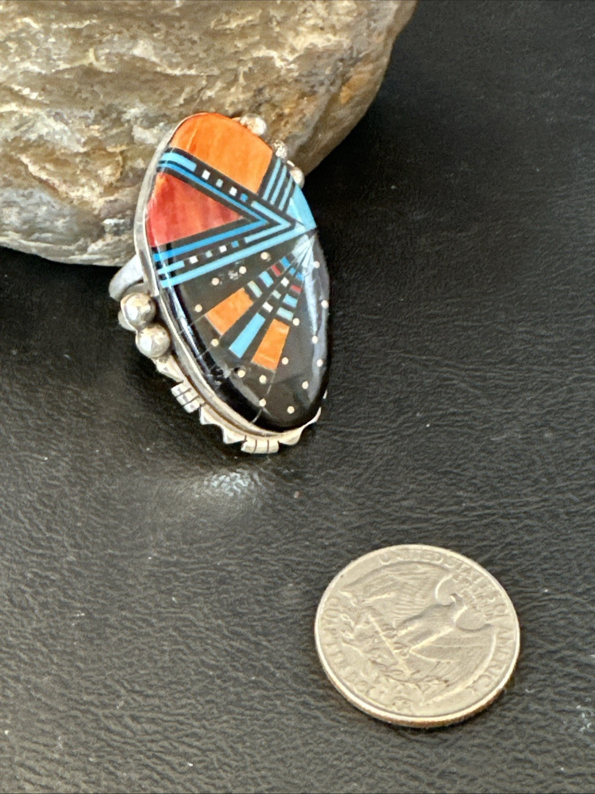 Onyx Turquoise Spiny Navajo Cosmic Inlay Sterling Silver Ring Size 10 19783