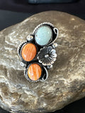 Multicolor Ring Turquoise Spiny Navajo Cluster Size 8.5 | Sterling Silver | Authentic Native American Handmade | 19188