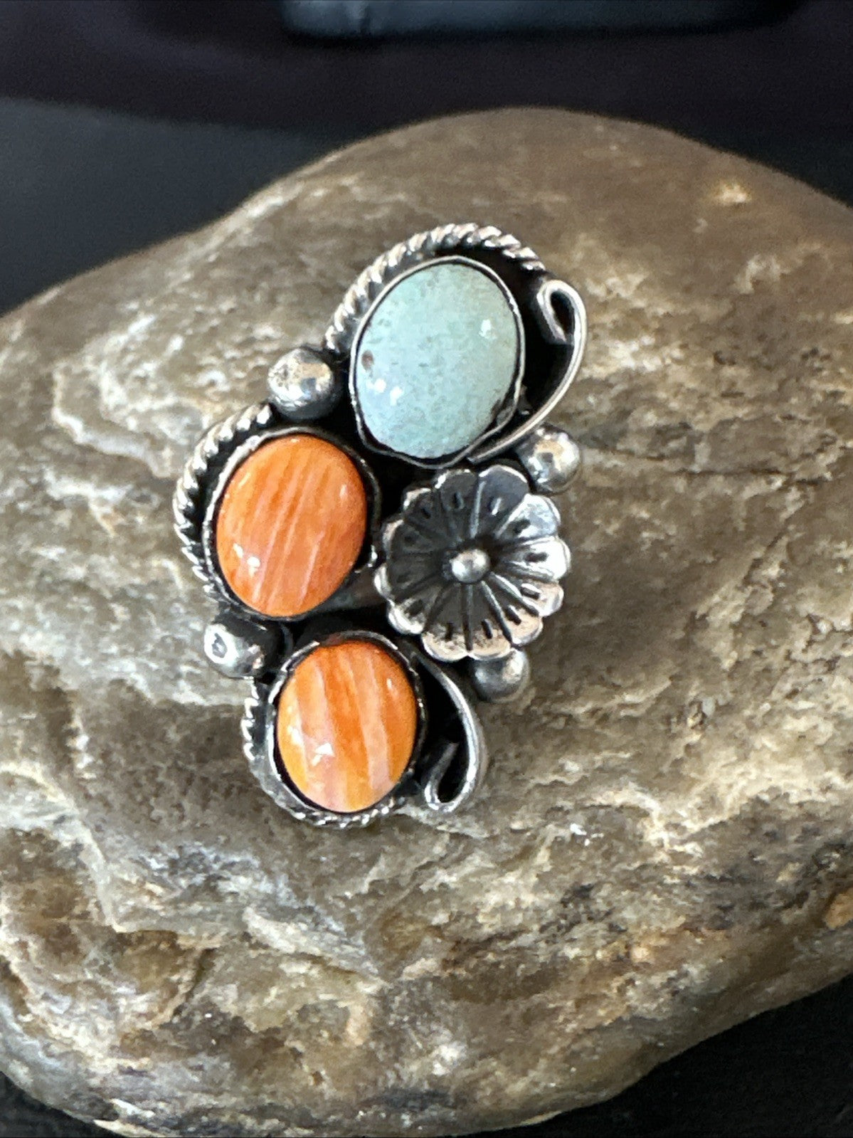 Multicolor Ring Turquoise Spiny Navajo Sterling Silver Cluster Size 8.5 19188