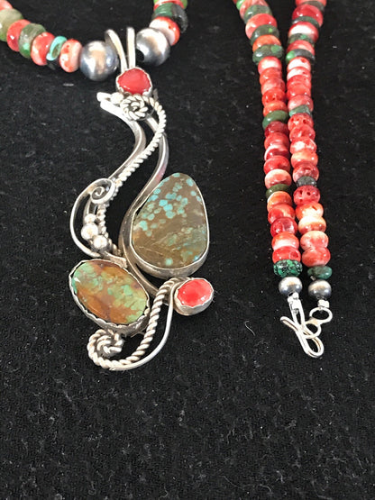 Turquoise #8 & Spiny Oyster Pendant Navajo Sterling Silver Beads Necklace 08646