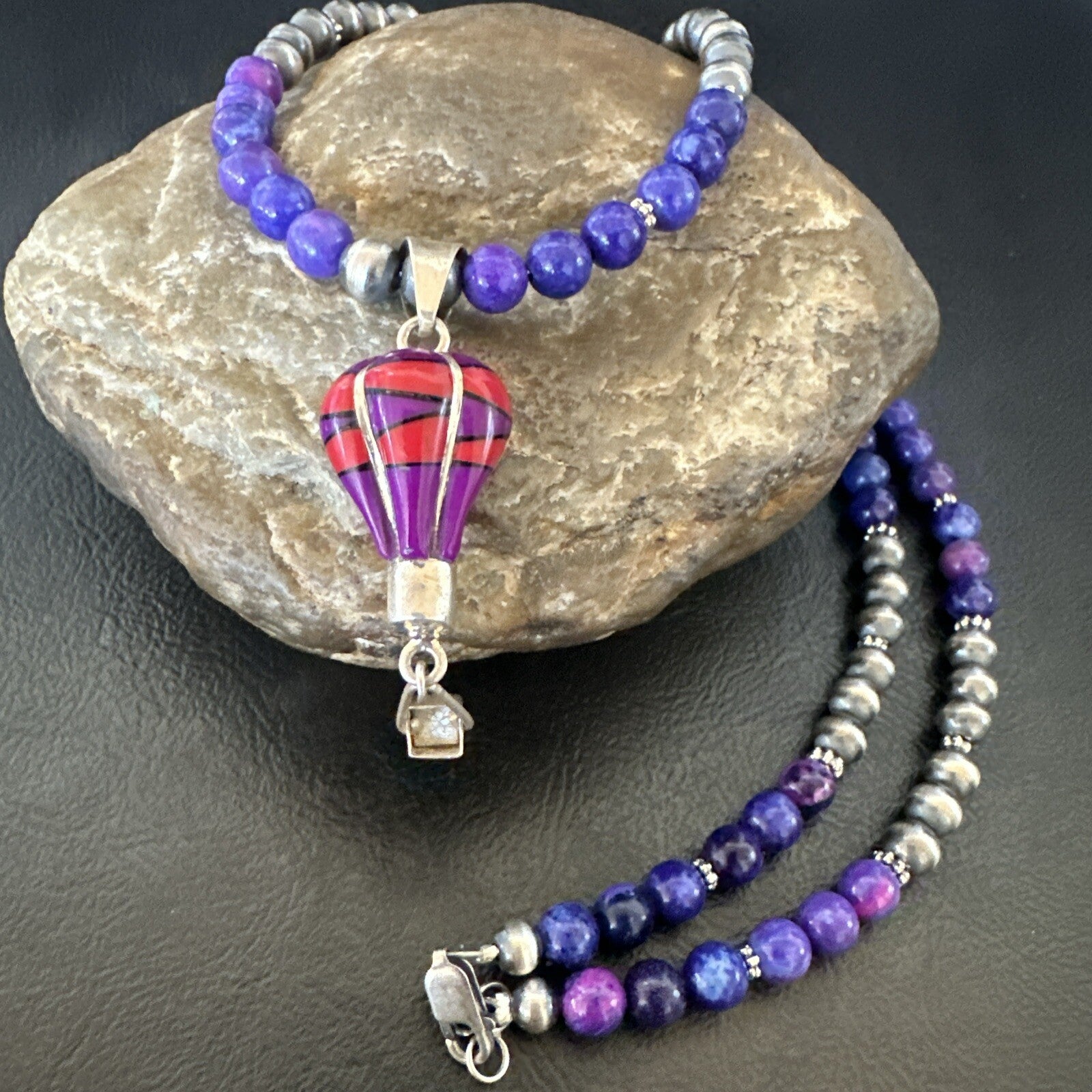 Balloon Red Coral Purple Pendant Navajo Sterling Silver Necklace 22" 18346