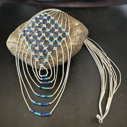 Azurite Heishi Tubes Pendant 7 Strand Liquid Sterling Silver Necklace 19751