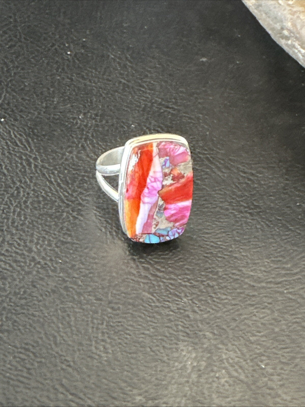 Blue Turquoise Spiny Oyster Southwestern Sterling Silver Ring Size 9 18543