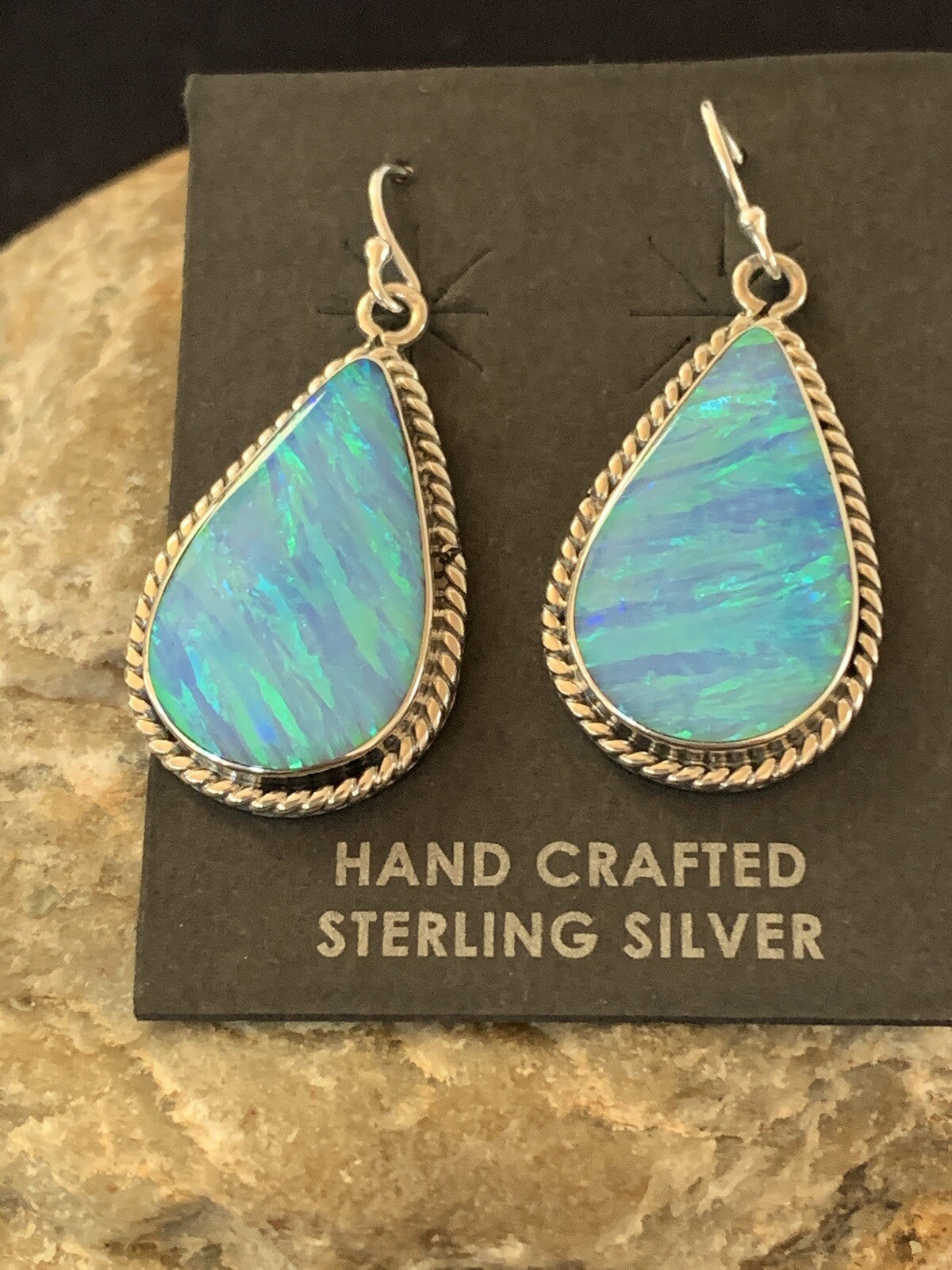 Native American Womens Navajo Sterling Silver Blue Opal Earrings 00471