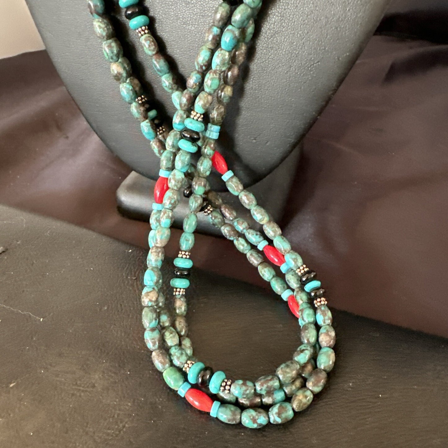Mens Blue Spiderweb Turquoise Tube 3S Navajo Sterling Silver Necklace 30” 17886