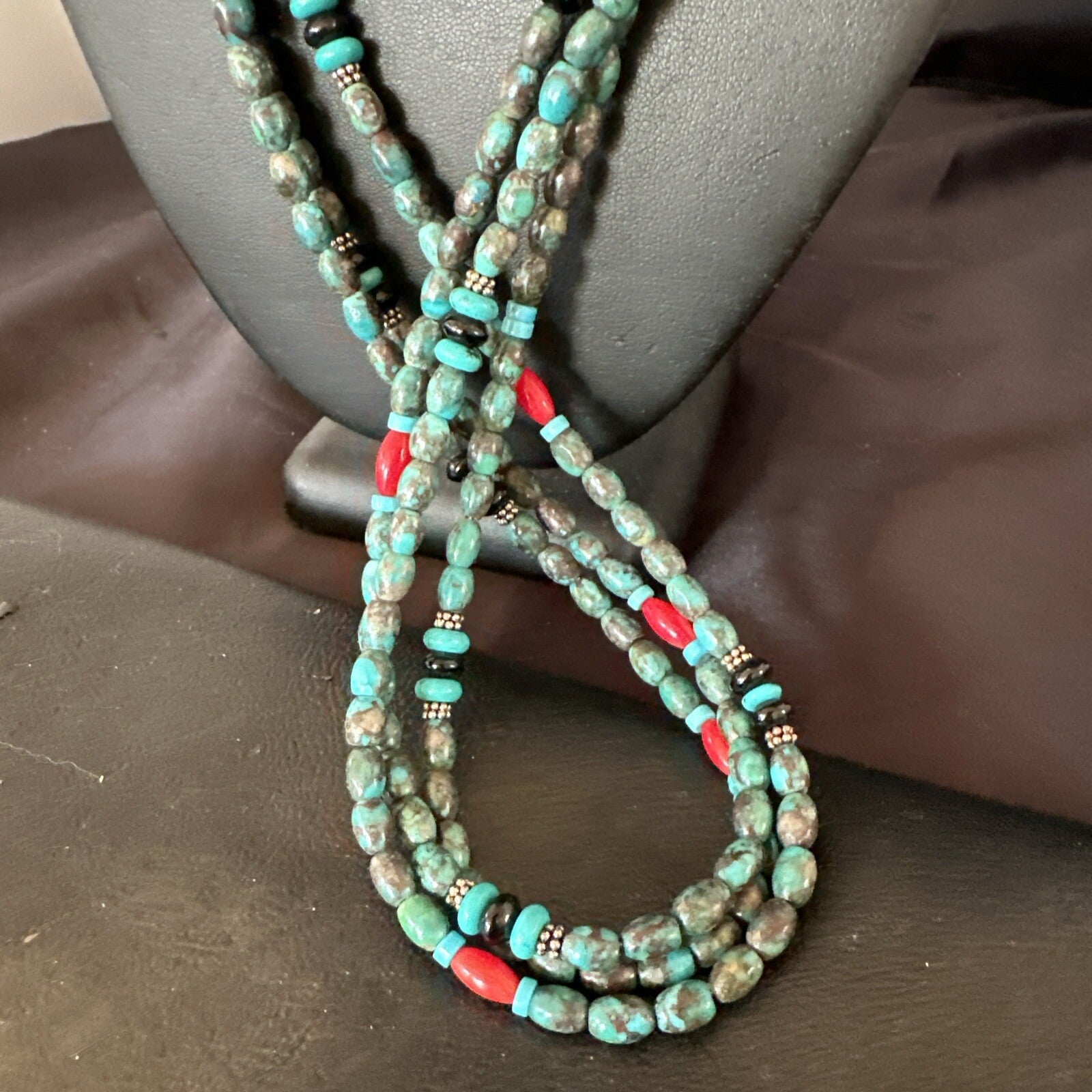 Mens Blue Spiderweb Turquoise Tube 3S Navajo Sterling Silver Necklace 30” 17886