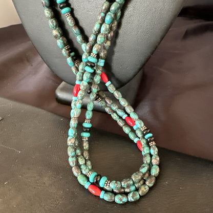 Mens Blue Spiderweb Turquoise Tube 3S Navajo Sterling Silver Necklace 30” 17886