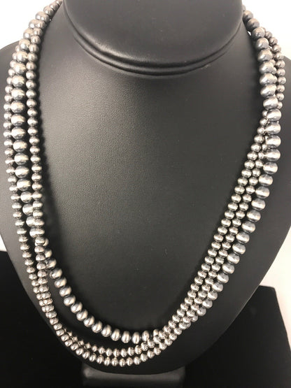 Native American 4, 5, 6 mm Sterling Silver Beads Navajo 3 Strand 18” Necklace