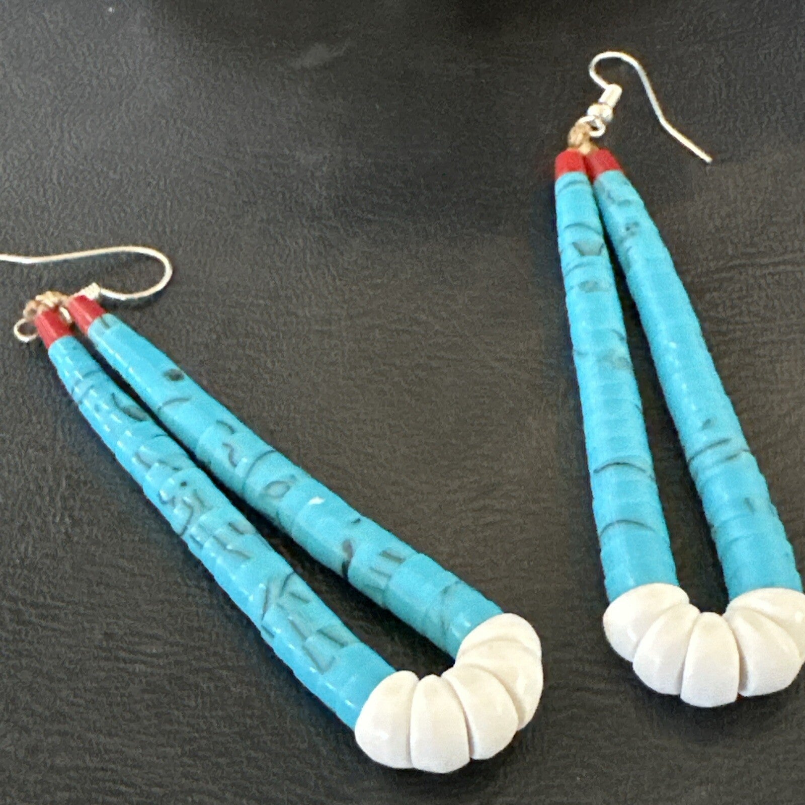 Blue Turquoise White Santo Domingo Sterling Silver Dangle Earrings 2.75” 18164