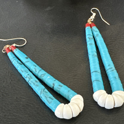Blue Turquoise White Santo Domingo Sterling Silver Dangle Earrings 2.75” 18164