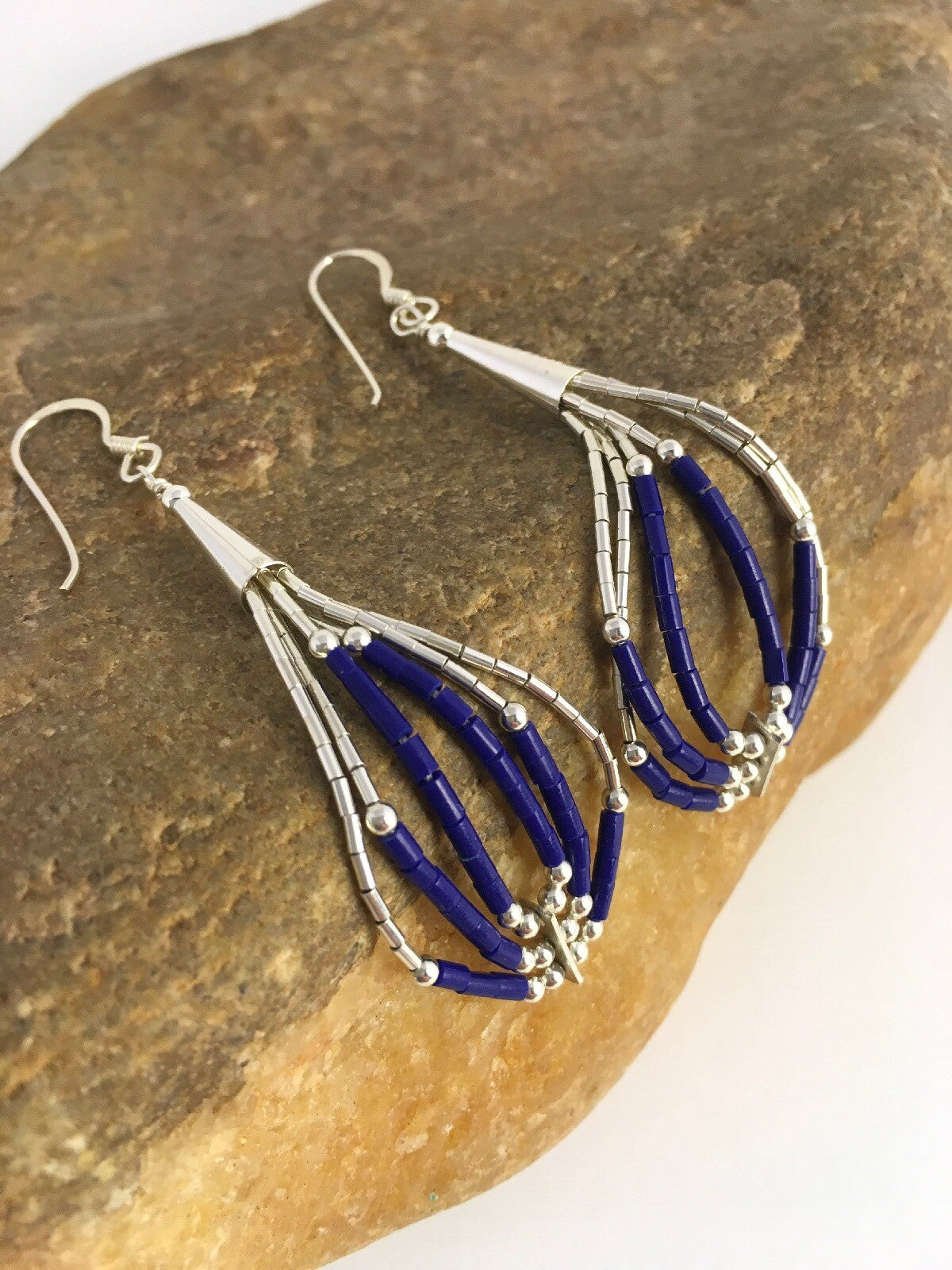 Lapis Lazuli Heishi Tube Liquid Sterling Silver Dangle Earrings 2" 08876