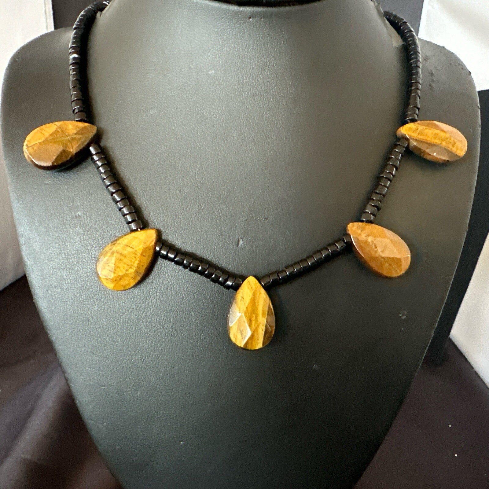Coffee Brown Tigers Eye Black Onyx Sterling Silver Pendant Necklace 20" 18356