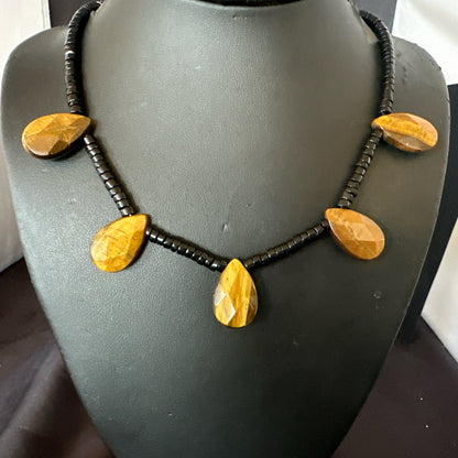 Coffee Brown Tigers Eye Black Onyx Sterling Silver Pendant Necklace 20" 18356