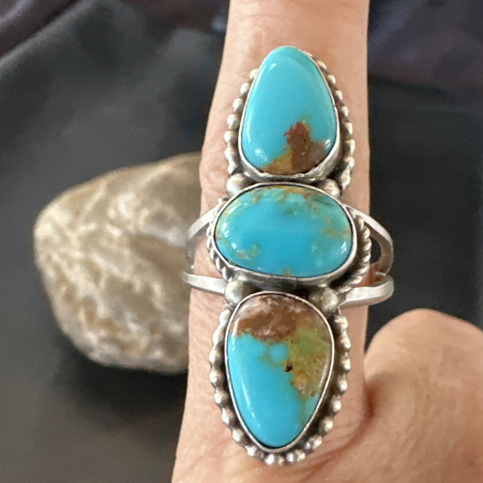 Navajo Sterling Silver Cluster Blue Turquoise Ring Sz 10 18574