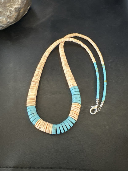 Native Santo Domingo Beige Shell Blue Turquoise 24” Necklace 17764