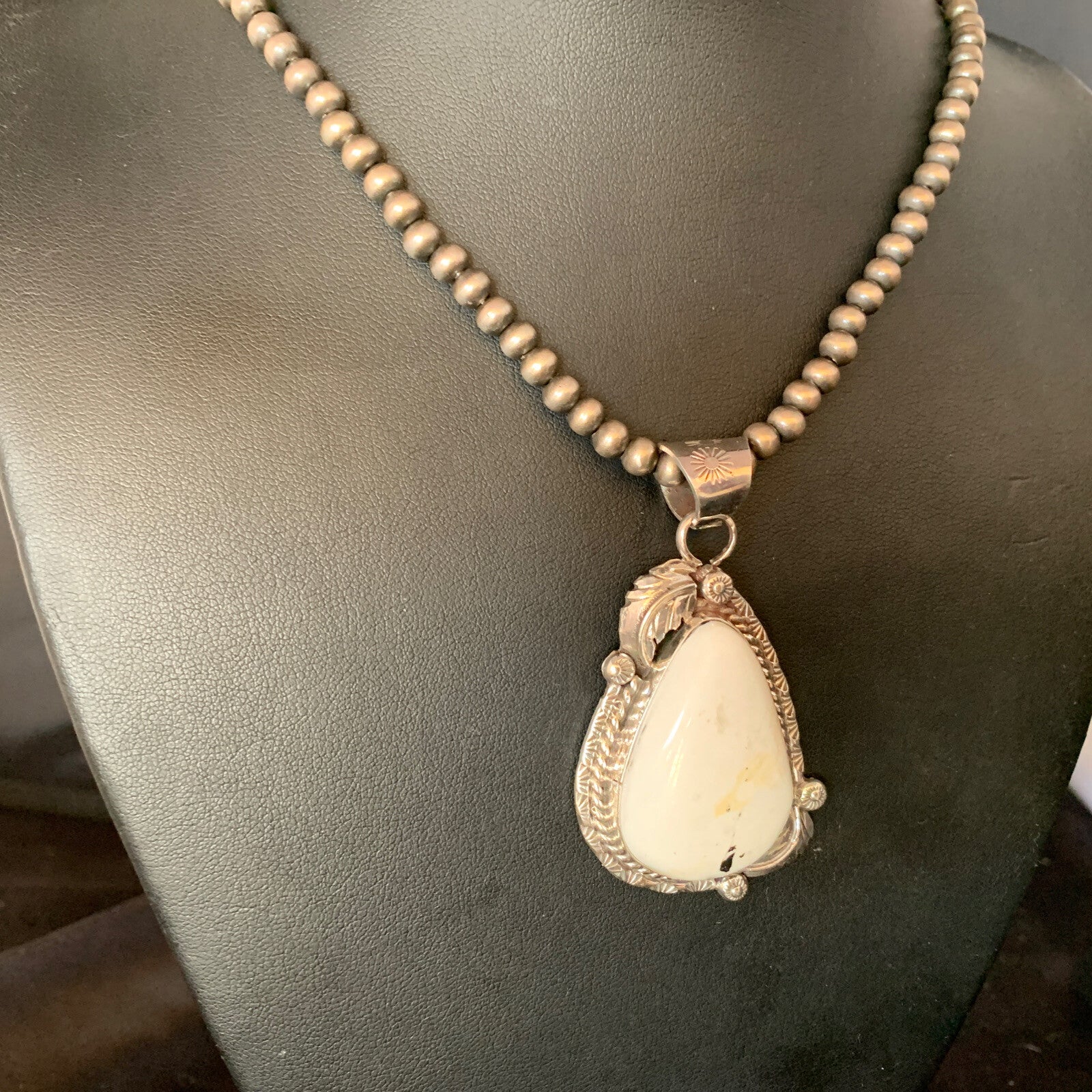 Mens White Buffalo Turquoise Pendant Sterling Silver Beads Necklace 19306
