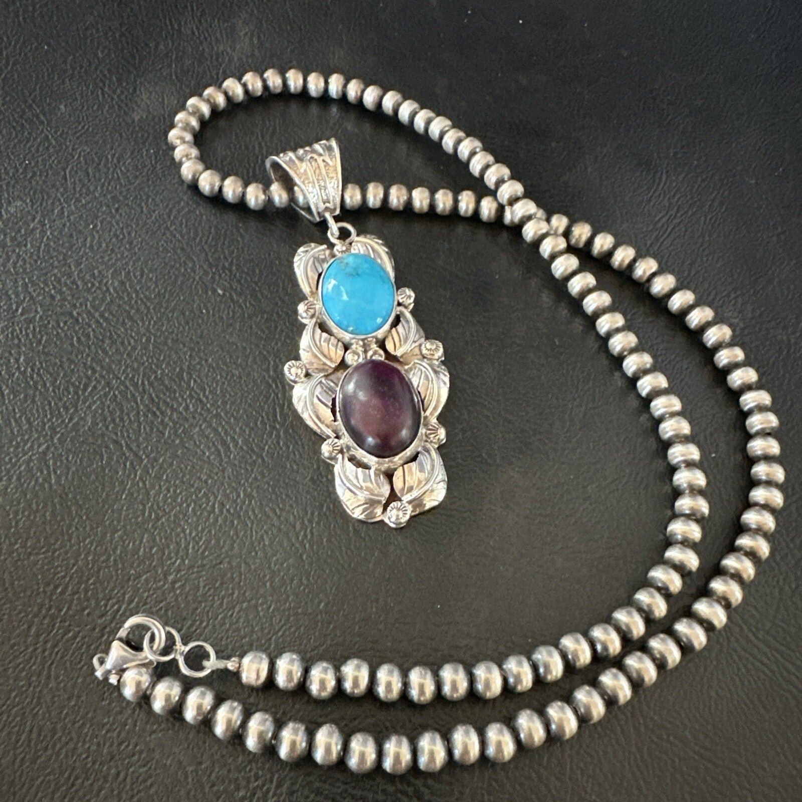 Blue Kingman Turquoise  Purple Stone Pendant Navajo Sterling Silver 18038