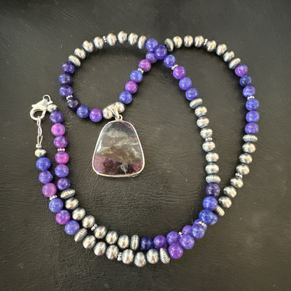 Purple Stone Pendant Navajo Pearls Sterling Silver Necklace 23" 17890