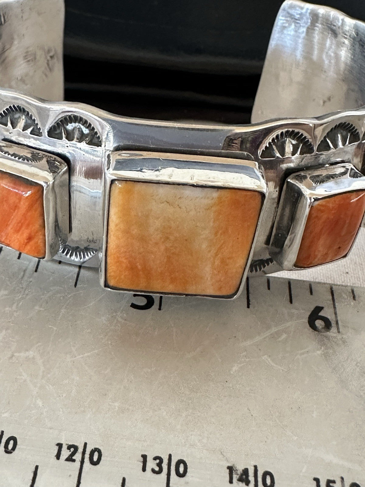 Orange Spiny Oyster 5 Stone Row Sterling Silver Navajo Cuff Bracelet 7.7" 19477