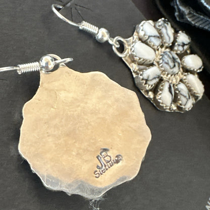 Womens Cluster White Buffalo Navajo Sterling Silver Dangle Earrings 19092