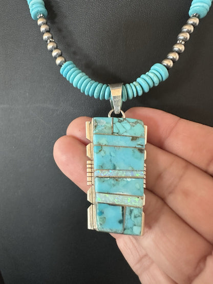 Blue Turquoise Opal Inlay Pendant Navajo Sterling Silver Necklace 19512
