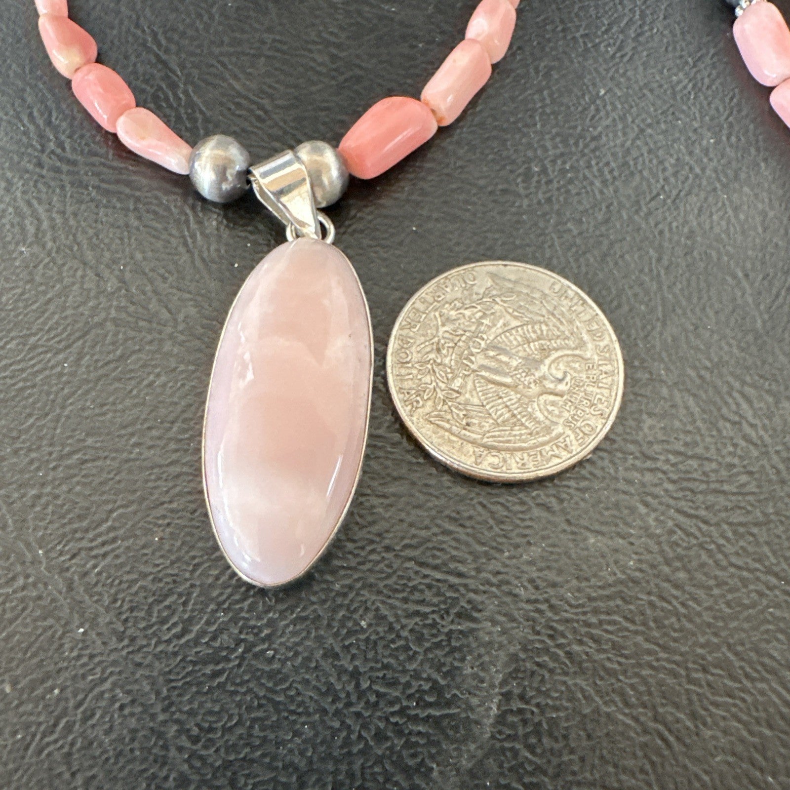 Southwestern Sterling Silver Pink Coral Bead Necklace Quartz Pendant 24" 19585