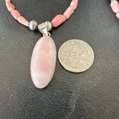 Southwestern Sterling Silver Pink Coral Bead Necklace Quartz Pendant 24" 19585