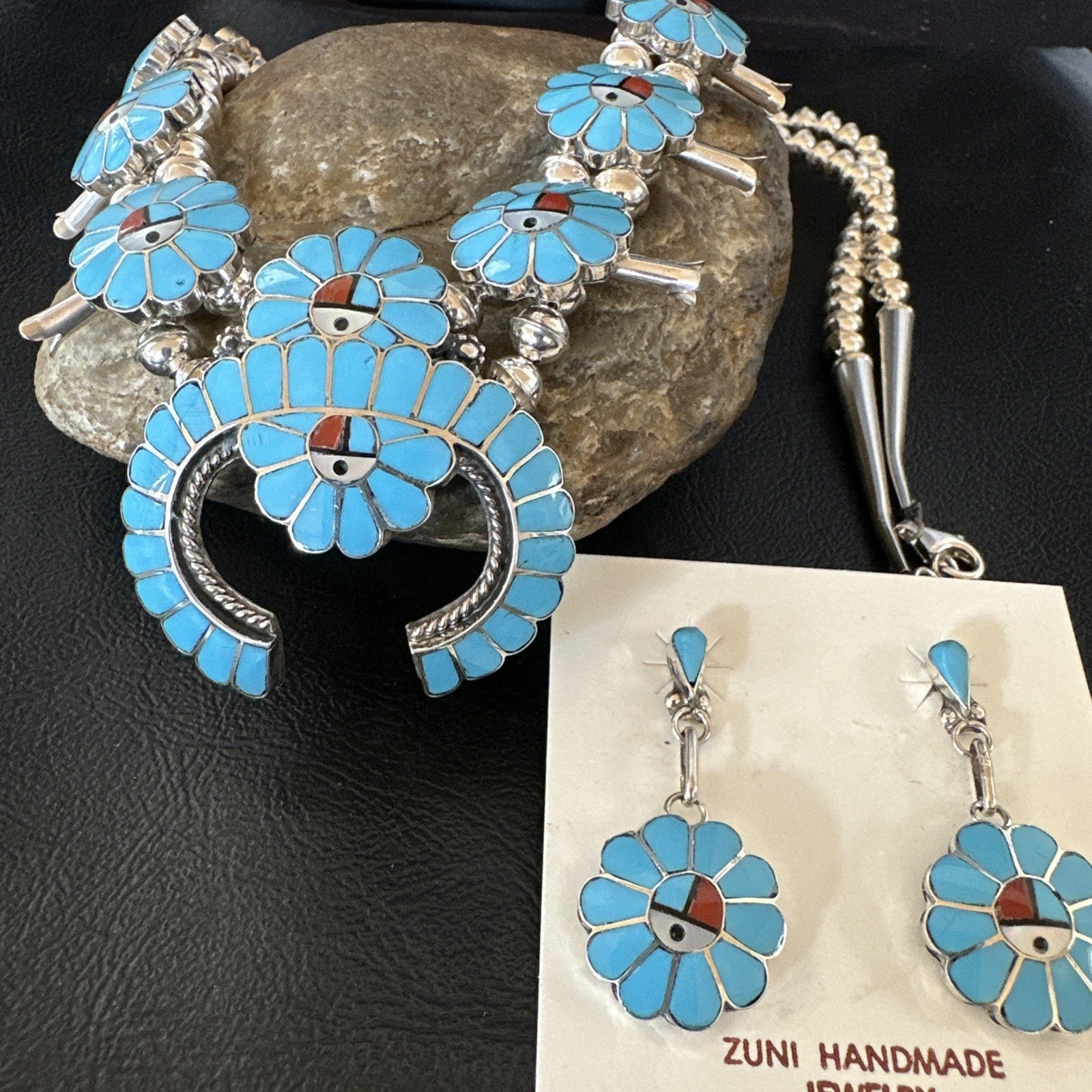 Old Pawn Sunface Turquoise Zuni Sterling Silver Squash Necklace Earrings 19289